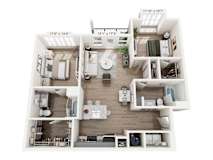 Two-bedroom, two-bathroom apartment floor plan at Montage West Lafayette with open kitchen and living room.