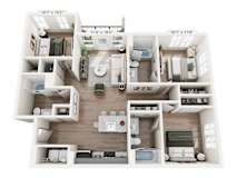 Three-bedroom, three-bath apartment floor plan at Montage West Lafayette with island kitchen and private bedrooms.