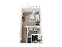 Studio apartment floor plan at Montage West Lafayette with open living area and full kitchen.