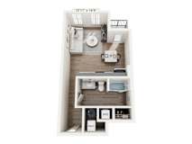 Studio floor plan at Montage West Lafayette with spacious living space and private bath.