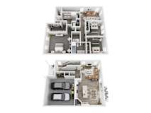 A floor plan of a two-story house with a garage and a living room with a kitchen.