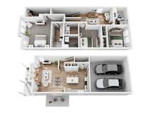 A top and bottom floor plan of a house with a kitchen, living room, bedrooms, and a garage.