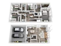 A top-down view of a two-bedroom apartment with a garage for two cars.