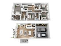 A top and bottom floor plan of a house with a garage.