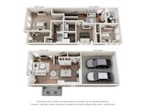 3D rendering of the Sanctuary floor plan at Mural Lewis Center, featuring open-concept living and attached 2-car garage.