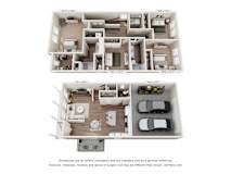 A 3D floor plan of an apartment with two bedrooms, two bathrooms, a living room, a kitchen, and a garage.