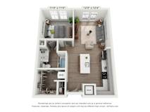Floor plan rendering of the Bordwin floor plan 1 bedroom apartment