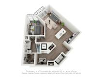 this is a 3d floor plan of a 757 square foot 1 bedroom apartment at the