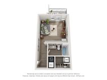 a stylized floor plan with a bedroom and a living room