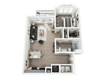 Moonraker 1-bedroom, 1-bathroom apartment at Nook Nine in Indianapolis, IN 46240, featuring an expansive open living area, gourmet kitchen with a breakfast bar, private balcony, and a generous walk-in closet, blending comfort and style near Keystone at the Crossing.