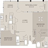 a floor plan of a two bedroom apartment with a kitchen and a living room with a dining