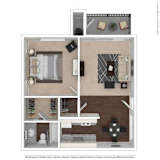 One-bedroom apartment floor plan showing bedroom, living room, kitchen, bathroom, and balcony layout.
