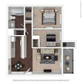 Two-bedroom apartment floor plan showing bedroom, living room, kitchen, bathroom, and balcony layout.
