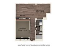 A floor plan of a small apartment with a living room, kitchen, and bedroom.