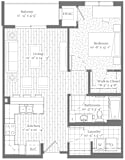 A floor plan of a house with a balcony, living room, kitchen, bathroom, bedroom, and laundry area.