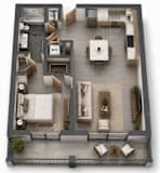 A floor plan of a small apartment with a French balcony.