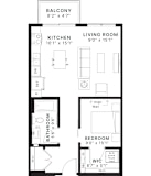 A black and white image of a floor plan for a small apartment.