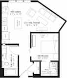 A black and white image of a floor plan for a house with a kitchen, living room, bedroom, and bathroom.