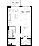 A black and white image of a floor plan for a small apartment.