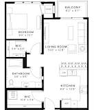 A floor plan of an apartment with a living room, kitchen, bathroom, bedroom and balcony.