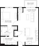 A black and white image of a floor plan for a home with a balcony, living room, bedroom, bathroom, kitchen, and a WIC area.
