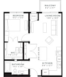 A black and white image of a floor plan for a small apartment.