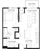 A floor plan of a small apartment with a balcony, bedroom, living room, kitchen, and bathroom.