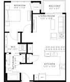 A floor plan of a small apartment with a living room, kitchen, bathroom, and bedroom.