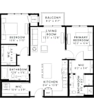 A black and white image of a floor plan for a two-bedroom apartment.
