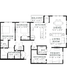 A black and white image of a house floor plan with a living room, dining room, kitchen, and four bedrooms.
