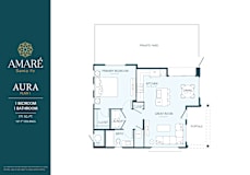 A floor plan for the Amare Santa Fe Aura, a 1 bedroom, 1 bathroom apartment with a private yard.