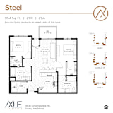 A floor plan for a steel apartment with a balcony and patio.