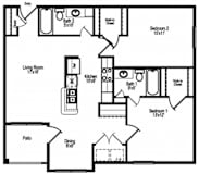A floor plan of a house with a balcony, HVAC, master bedroom, living/dining area, kitchen, bathroom, and powder room.