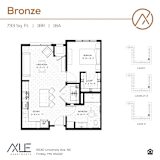 A floor plan for a 1 bedroom apartment at 733 Sq. Ft.