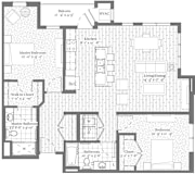 A floor plan of a house with a balcony, kitchen, living room, and multiple bathrooms.