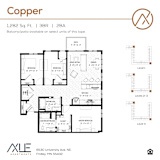 A floor plan for a 1,282 square foot, three bedroom, two bathroom apartment with balcony and patio.