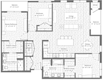 A black and white image of a house floor plan with a living room, dining room, kitchen, and several bedrooms.