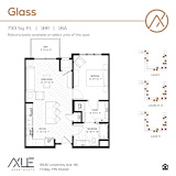 A floor plan for a 1 bedroom, 1 bathroom apartment at the Glass apartment complex.