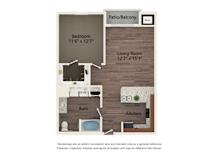 A floor plan of a small apartment with a bedroom, living room, kitchen, and bathroom.