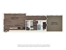 A floor plan of a room with a living room, kitchen, bath, and bedroom.