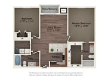 A floor plan of a home with a master bedroom, two bathrooms, a living room, and a kitchen.