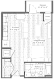 A floor plan of a small apartment with a kitchen, living room, bathroom, and a balcony.