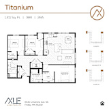 A floor plan for a Titanium apartment shows four levels with various rooms and measurements.