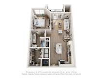 a stylized floor plan with a bedroom and a living room