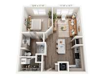 A floor plan of a small apartment with a living room, kitchen, and bathroom.