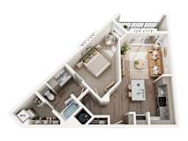 A floor plan of a small apartment with a kitchen, living room, and bathroom.