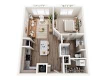 A floor plan of a small apartment with a kitchen, living room, and bedroom.