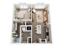 A floor plan of a small apartment with a kitchen, living room, and bathroom.