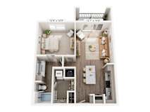 A floor plan of a small apartment with a kitchen, living room, and bathroom.