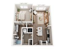 A floor plan of a small apartment with a bedroom, living room, and kitchen.